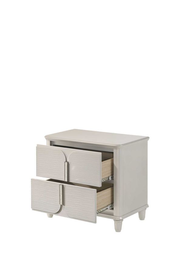 Beige nightstand with two drawers on a white background