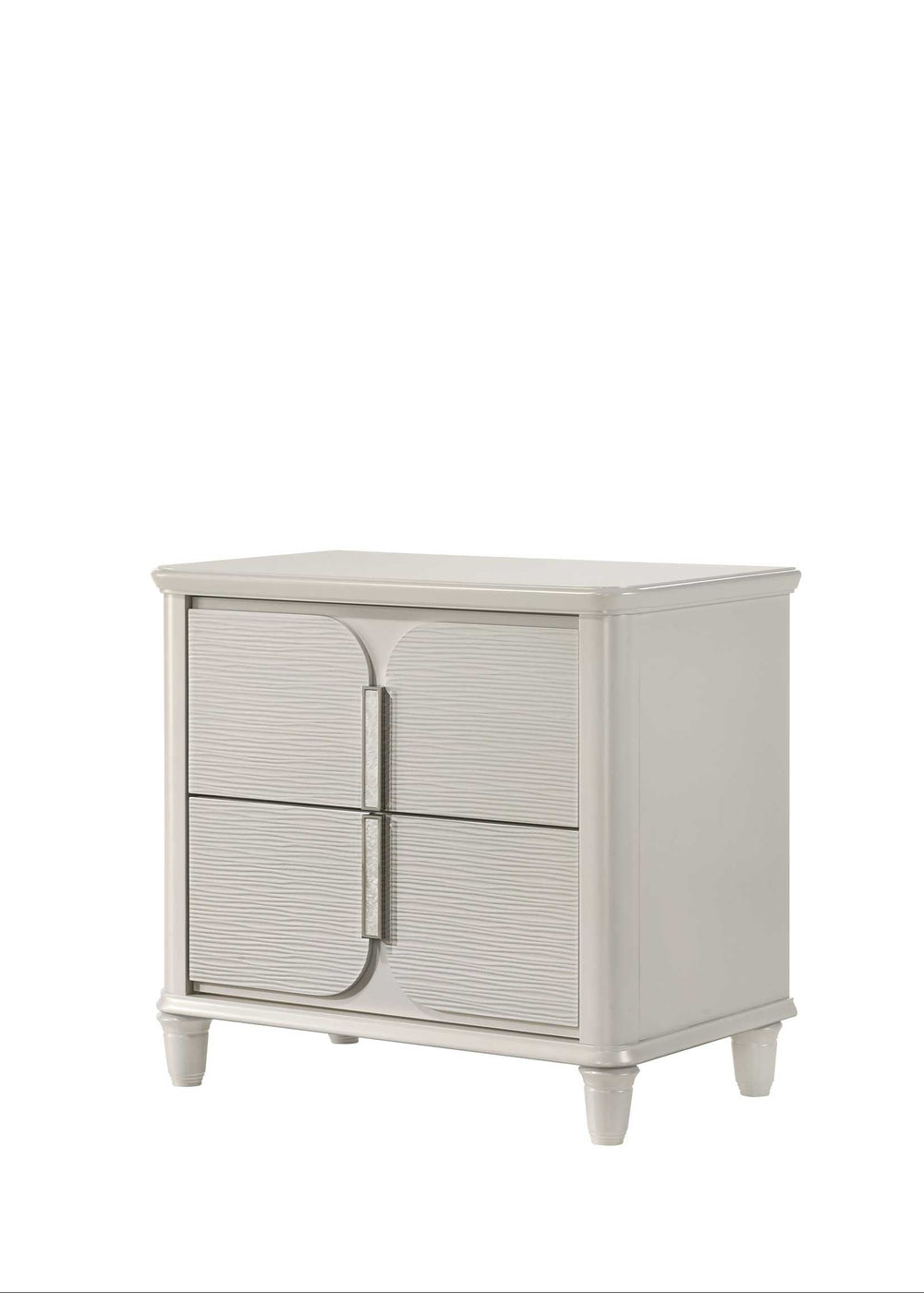 Liberia Modern Bedroom Nightstand Collection Light gray cabinet with a curved door on a white background