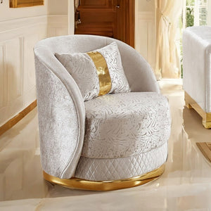 Lika Glam Beige Chair Gold Trims Decorative armchair with textured white fabric and gold accents in a room setting.