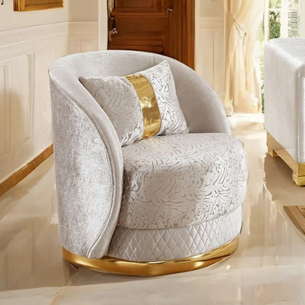 Lika Glam Beige Chair Gold Trims Decorative armchair with textured white fabric and gold accents in a room setting.