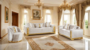 Lika Glam Beige Sofa Gold Trims Luxurious living room with white sofas, gold accents, and large windows.