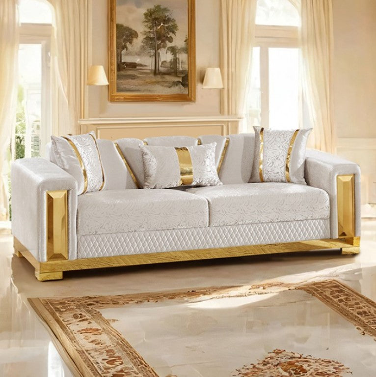 Lika Glam Beige Sofa Gold Trims Luxurious white sofa with gold accents in a stylish living room.