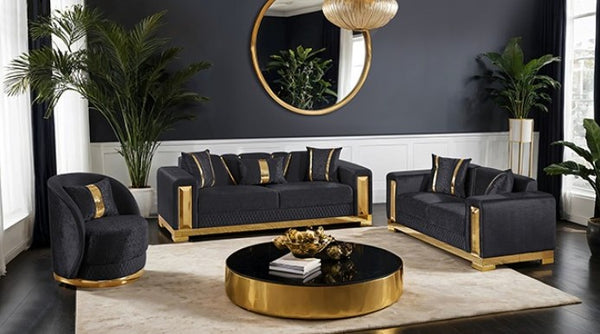 Lika Glam Black Sofa Gold Trims Modern living room with black and gold furniture, including a sofa, armchair, and coffee table.