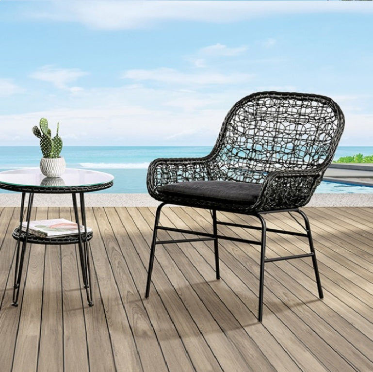 Likeshore 3PC Conventional Patio Set Two wicker chairs with a small table on a wooden deck with a scenic background.
