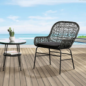 Likeshore 3PC Conventional Patio Set Wicker chair and table set on a wooden deck with ocean view