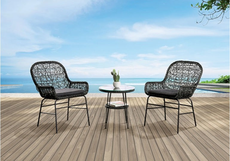 Likeshore 3PC Conventional Patio Set Two wicker chairs with a small table on a wooden deck with a scenic background.