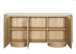 Limda Natural Sintered Stone Top Round Edges Server Wooden cabinet with open doors on a white background