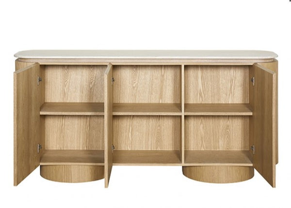 Limda Natural Sintered Stone Top Round Edges Server Wooden cabinet with open doors on a white background