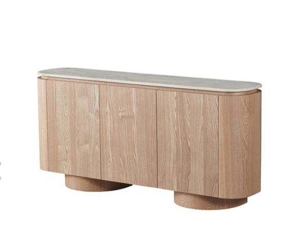 Limda Natural Sintered Stone Top Round Edges Server Wooden console table with a white top on a white background