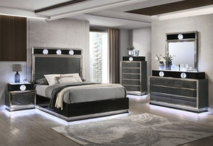 Modern bedroom with gray and black furniture set