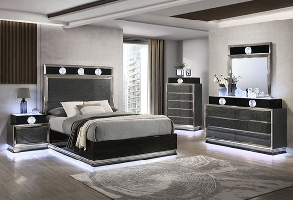 Modern bedroom with gray and black furniture set