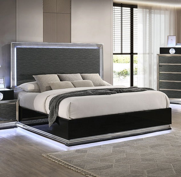 Litza Modern Style Charcoal Gray LED Light Bed