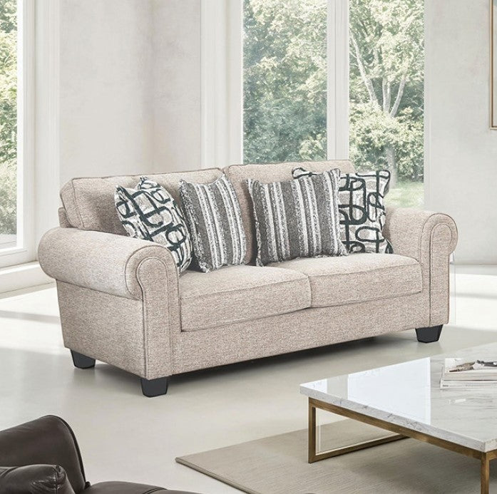Logan loveseat in taupe chenille fabric with pillows