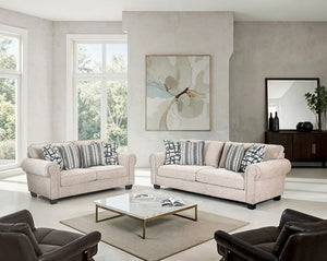 Logan loveseat set in taupe chenille fabric with pillows