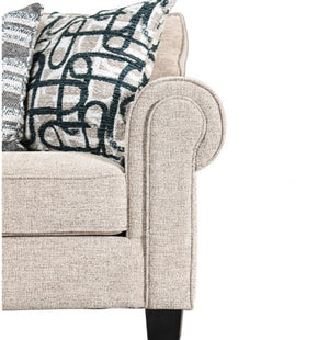 Logan loveseat arm in taupe chenille fabric with pillows