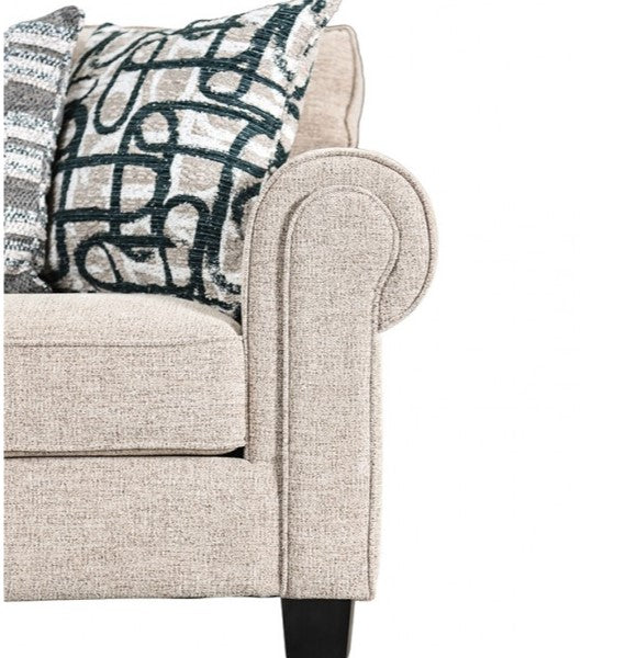 Logan loveseat arm in taupe chenille fabric with pillows
