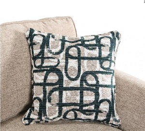 Decorative pillow with black abstract pattern on beige sofa