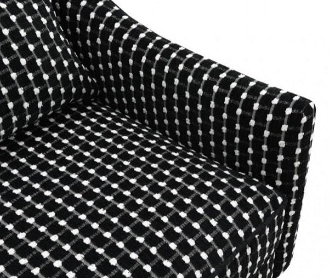 Logen Black Dots Chenille Fabric Accent Chair Black and white patterned armchair on a white background