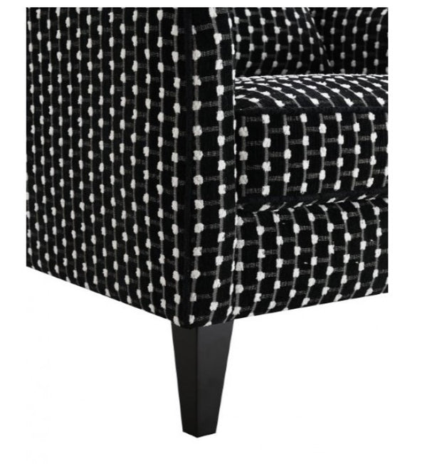Logen Black Dots Chenille Fabric Accent Chair Black and white patterned chair on a white background