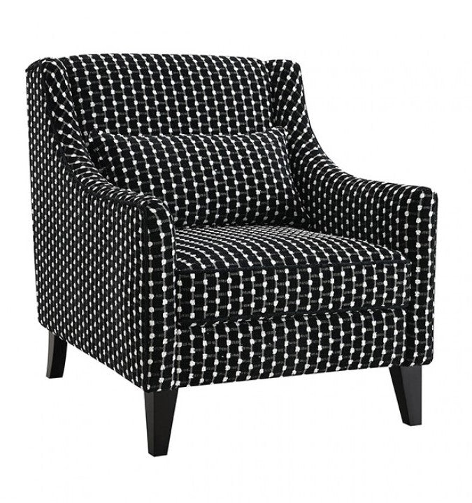 Logen Black Dots Chenille Fabric Accent Chair Black and white patterned armchair on a white background