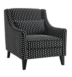 Logen Black Dots Chenille Fabric Accent Chair Black and white patterned armchair on a white background