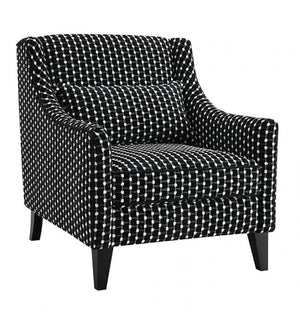 Logen Black Dots Chenille Fabric Accent Chair Black and white patterned armchair on a white background