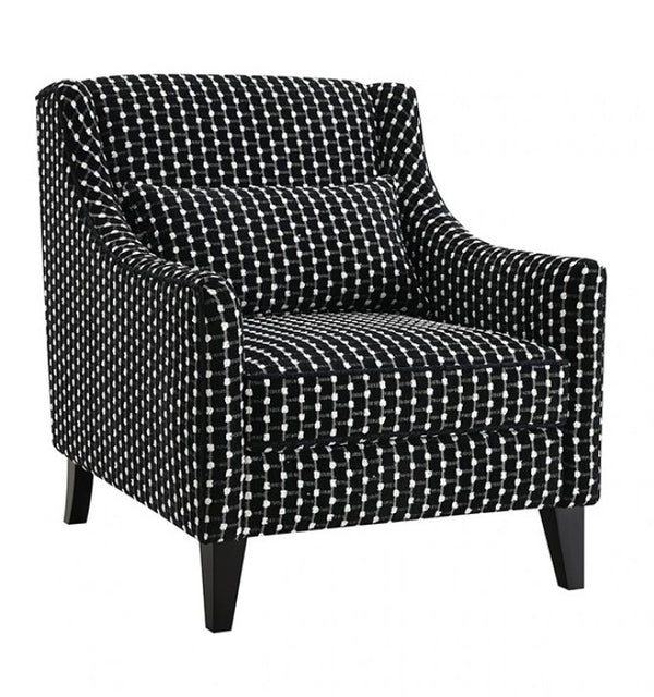 Logen Black Dots Chenille Fabric Accent Chair Black and white patterned armchair on a white background