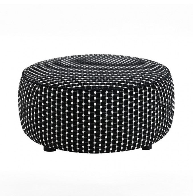 Logen Black Dots Chenille Fabric Ottoman Black and white patterned ottoman on a white background