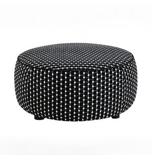 Logen Black Dots Chenille Fabric Ottoman Black and white patterned ottoman on a white background