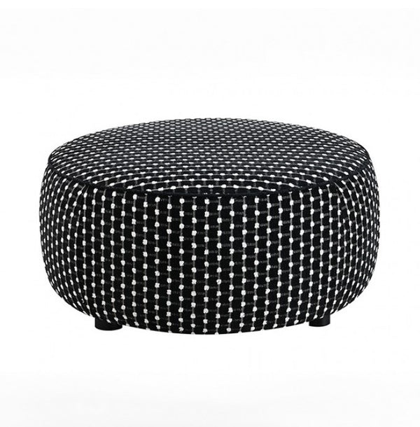 Logen Black Dots Chenille Fabric Ottoman Black and white patterned ottoman on a white background