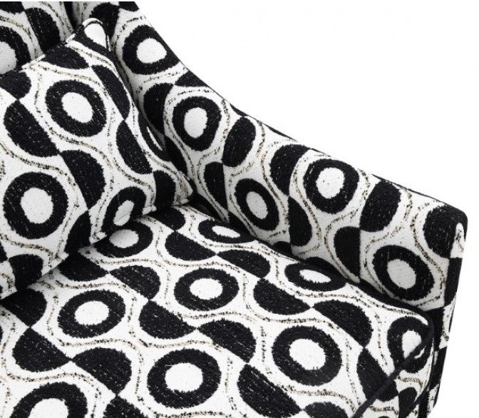 Logen White Black Circle Chenille Fabric Accent Chair Patterned armchair with black and white circle design on a white background