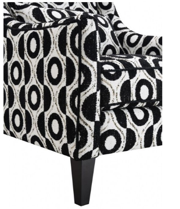 Logen White Black Circle Chenille Fabric Accent Chair Patterned armchair with black and white circle design on a white background