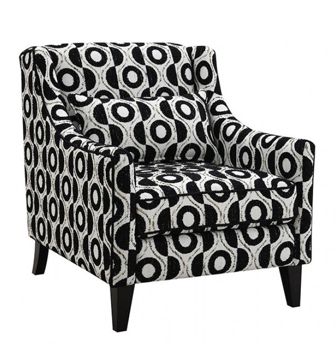 Logen White Black Circle Chenille Fabric Accent Chair Patterned armchair with black and white circle design on a white background