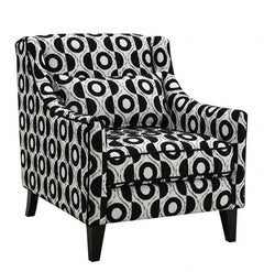 Logen White Black Circle Chenille Fabric Accent Chair Patterned armchair with black and white circle design on a white background