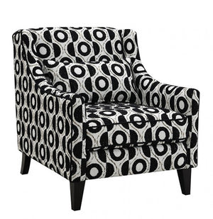 Logen White Black Circle Chenille Fabric Accent Chair Patterned armchair with black and white circle design on a white background