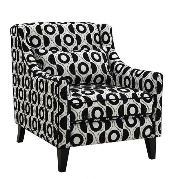 Logen White Black Circle Chenille Fabric Accent Chair Patterned armchair with black and white circle design on a white background