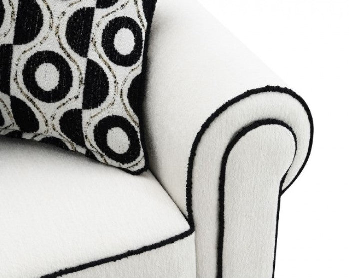 Logen White Chenille Fabric Sofa With Pillows White sofa with patterned cushions in a living room setting