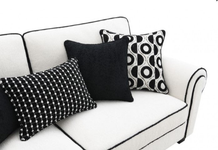 Logen White Chenille Fabric Loveseat With Pillows Gray sofa with patterned cushions in a living room setting.
