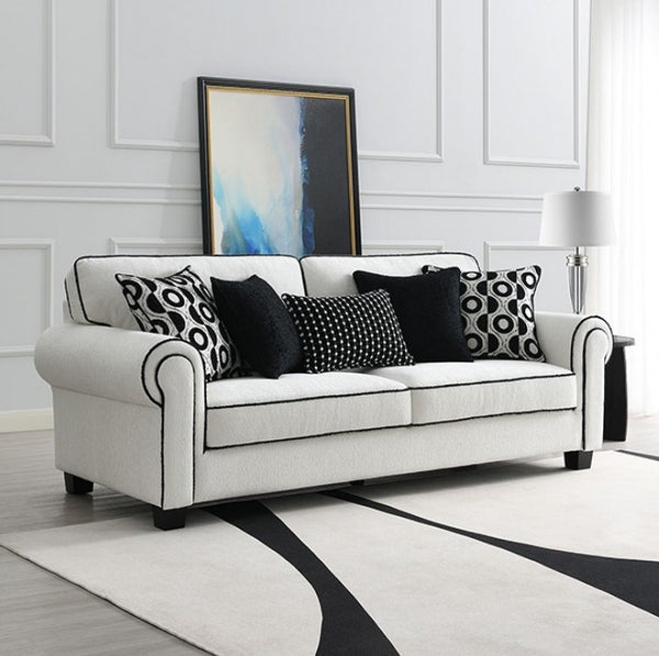 Logen White Chenille Fabric Sofa With Pillows White sofa with patterned cushions in a living room setting