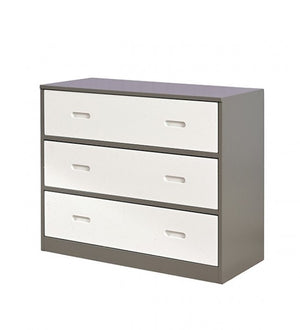 Longdon White Gray Storage Loft Bed Gray and white dresser with three drawers on a white background