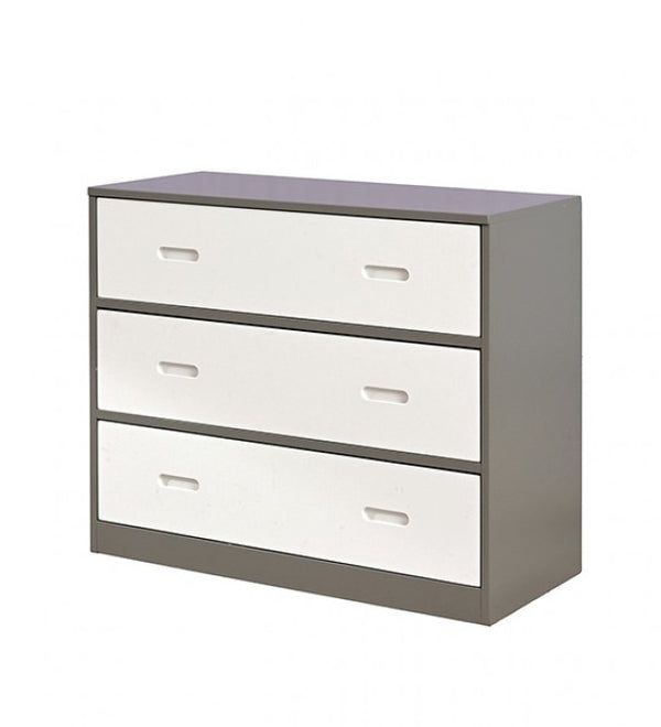 Longdon White Gray Storage Loft Bed Gray and white dresser with three drawers on a white background
