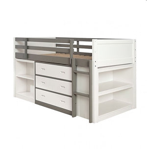 Longdon White Gray Storage Loft Bed White and gray children's bed with storage drawers and shelves on a white background