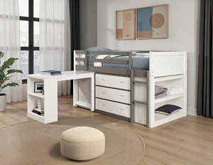 Longdon White Gray Storage Loft Bed Children's room with a white and gray loft bed, desk, and ottoman.