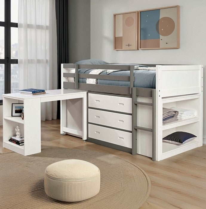 Longdon White Gray Storage Loft Bed White and gray loft bed with desk in a room with large windows.