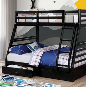 Lukka Twin Full Black Storage Drawers Bunkbed Black bunk bed with colorful bedding in a room setting