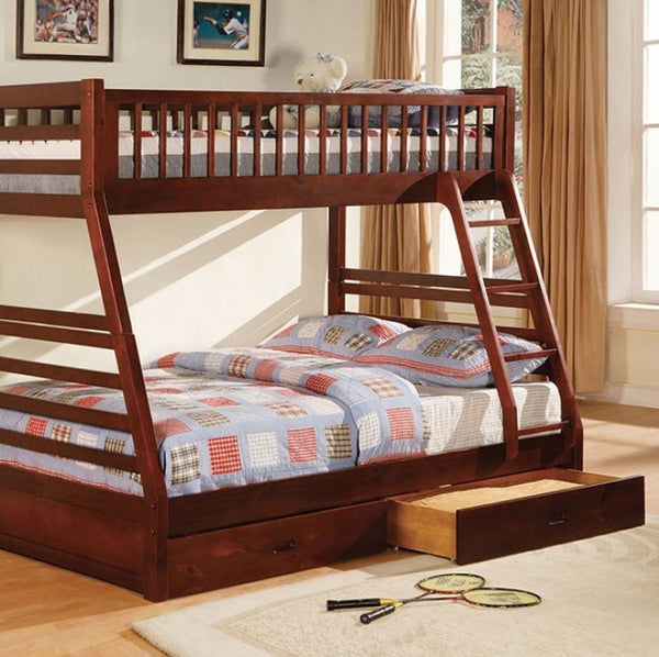 Lukka Twin Full Cherry Storage Drawers Bunkbed Wooden bunk bed with colorful bedding in a room with curtains and a rug.