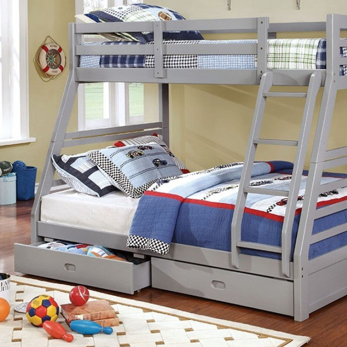 Lukka Twin Full Gray Storage Drawers Bunkbed Gray bunk bed with colorful bedding in a room with toys on the floor.