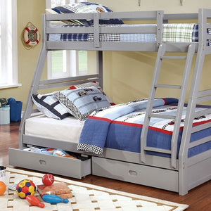 Lukka Twin Full Gray Storage Drawers Bunkbed Gray bunk bed with colorful bedding in a room with toys on the floor.