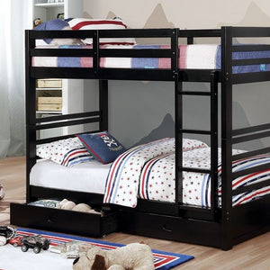 Lukka Twin Twin Black Storage Drawers Bunkbed Black bunk bed with colorful bedding in a room setting