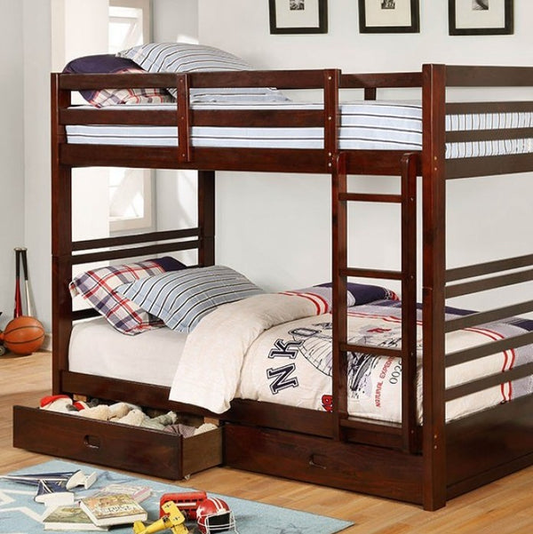 Lukka Twin Twin Dark Walnut Storage Drawers Bunkbed Wooden bunk bed with storage drawers in a room setting.